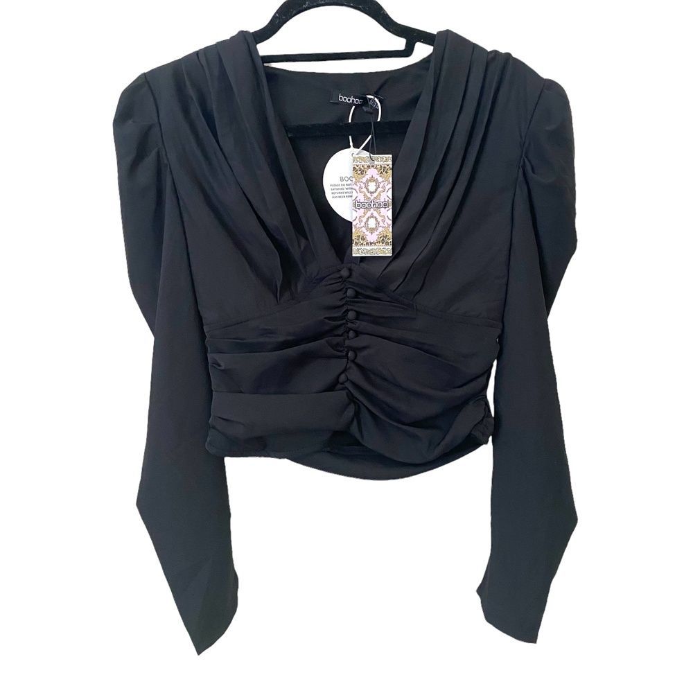 BOOHOO Button Up Ruched Blouse NWT - Picture 2 of 5